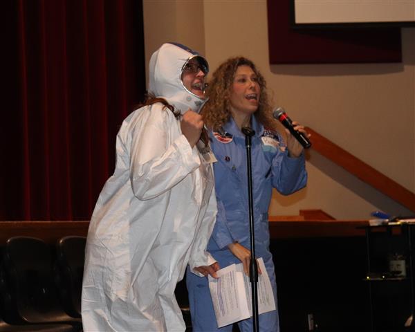 Mrs. Nieman & Mrs. Burtis introducing the Reading Challenge Theme